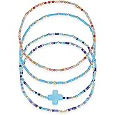 Agriajun Gold Colorful Cross Beads Stretch Stack Bracelets Set for Women, Trendy Handmade Beaded Elastic Stackable Friendship Bracelet Holiday Fashion Jewelry Gift