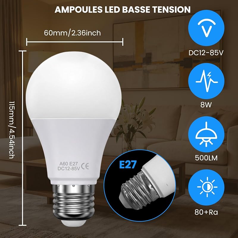 DC 12V Ampoule LED E27 Avec Télécommande, 8W 500LM, Lot de 2 — photo 6 sur 7