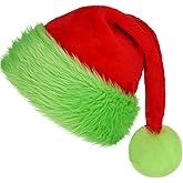 FHAEIOS Santa Hat for Adults Christmas Hat with Green Faux Fur Xmas Party Headwear Costume