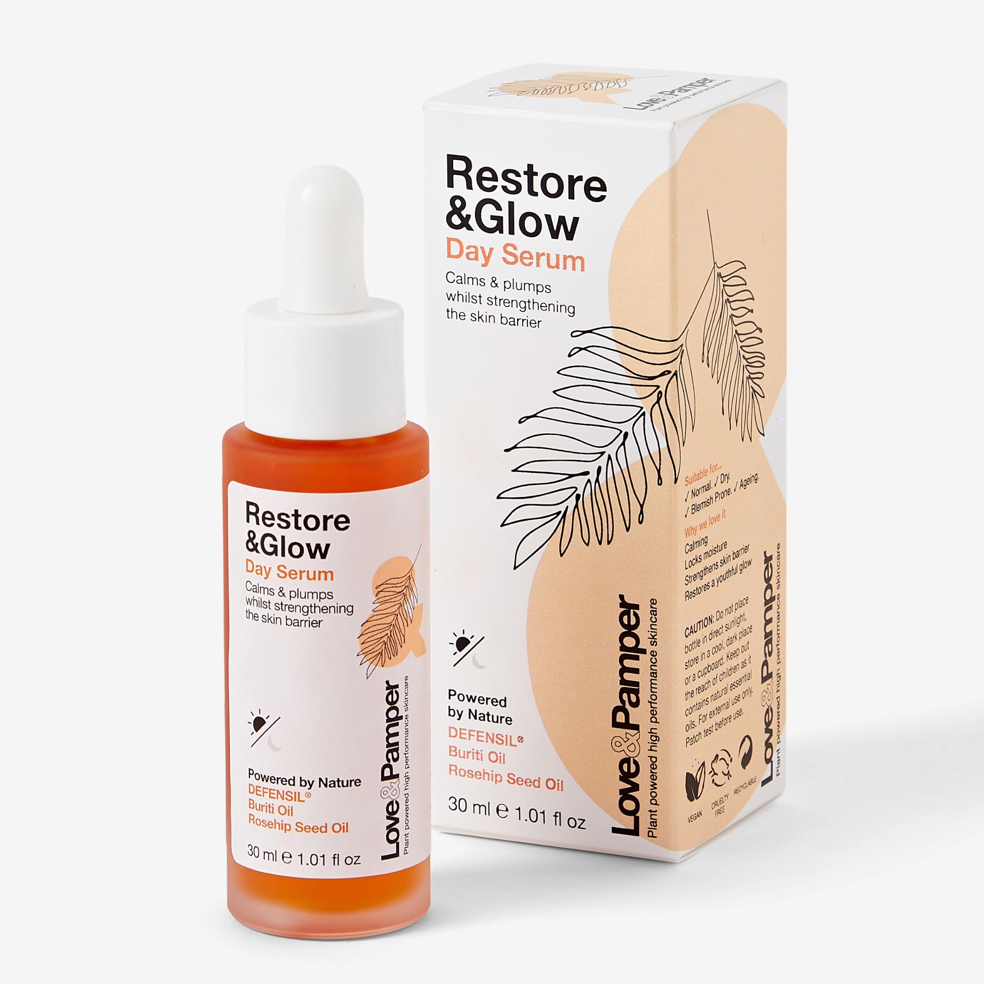 Love & Pamper RESTORE & GLOW - Plant Powered Hydrating Day Serum, Vitamin C, Q10, Buriti & Rose-hip Oil. Brightens, Strengthens, Reduces Fine Lines, Restores Skins Natural Glow
