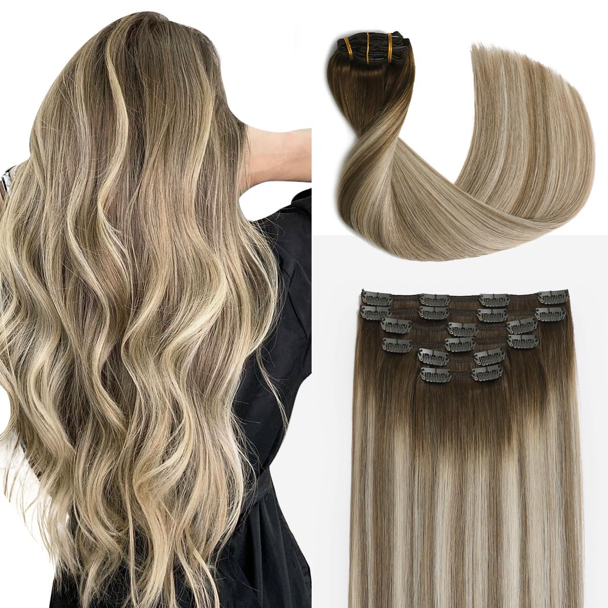 Sindra Human Hair Clip in Extensions Balayage Walnut Brown to Ash Brown and Golden Blonde 14 Inch 100g 6pcs Thick Remy Clip in Human Hair Extensions #3/8/22 14" — image 1
