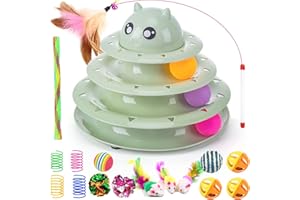17 Pack Cat Toys Interactive for Indoor Cats Kitten Toy Fun Roller 3 Level Cat Teaser Ball Toys with Cat Feather Wand (Green)