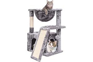 SYANDLVY Cat Tree for Indoor Cats Large Adult, Modern Activity Tower with Scratching Posts & Board, Condo with Plush Perch, Climbing Stand with Cradle & Hanging Ball for Play, Light Grey