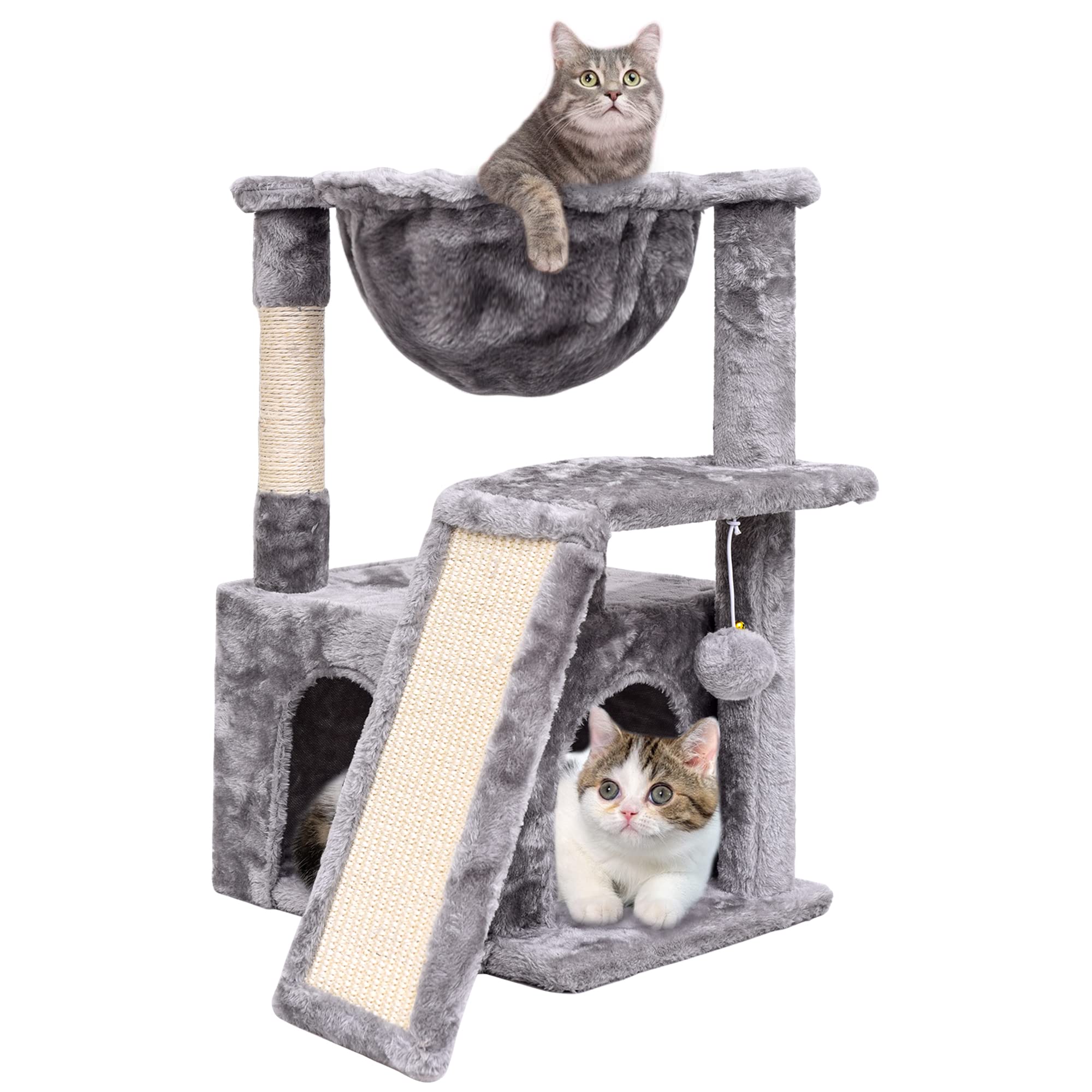 Photo 1 of SYANDLVY Cat Tree for Indoor Cats Large Adult, Modern Activity Tower with Scratching Posts & Board, Condo with Plush Perch, Climbing Stand with Cradle & Hanging Ball for Play, Light Grey