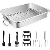Stainless Steel Turkey Roasting Pan,Heavy Duty Nonstick Surface Roaster Pan Christmas Rectangular Lasagna Cake Baking Pans with Rack,Meat Claws, Turkey Fork,Silicone Brush,Tender Meat Needle