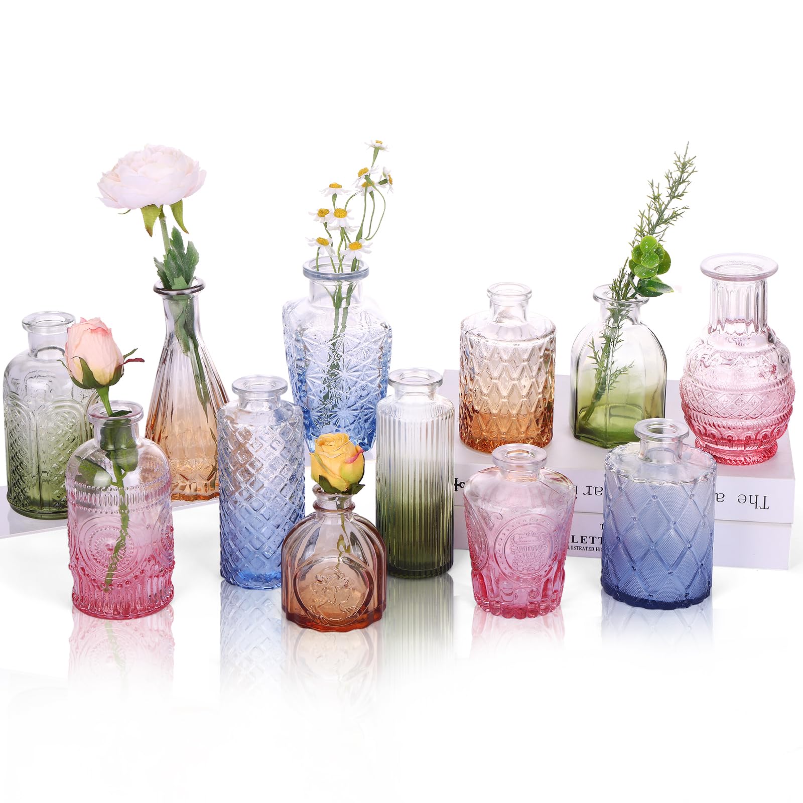 Photo 1 of *** CHECK COMMENTS***.   CUCUMI 12 Pack Colorful Glass Bud Vases, Small Colored Vintage Vases for Centerpieces, Decorative Flower Vases for Wedding Home Table Decor(Amber, Blue, Green, Pink)