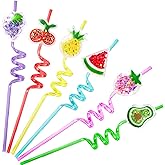 24 Glitter Fruit Straws Party Favors Birthday Supplies Peach Grape Pineapple Cherry Watermelon Avocado Reusable Straws Goodie Gift for Boy Girls Frutti Tropical Party Decoration+2Cleaning Brushes