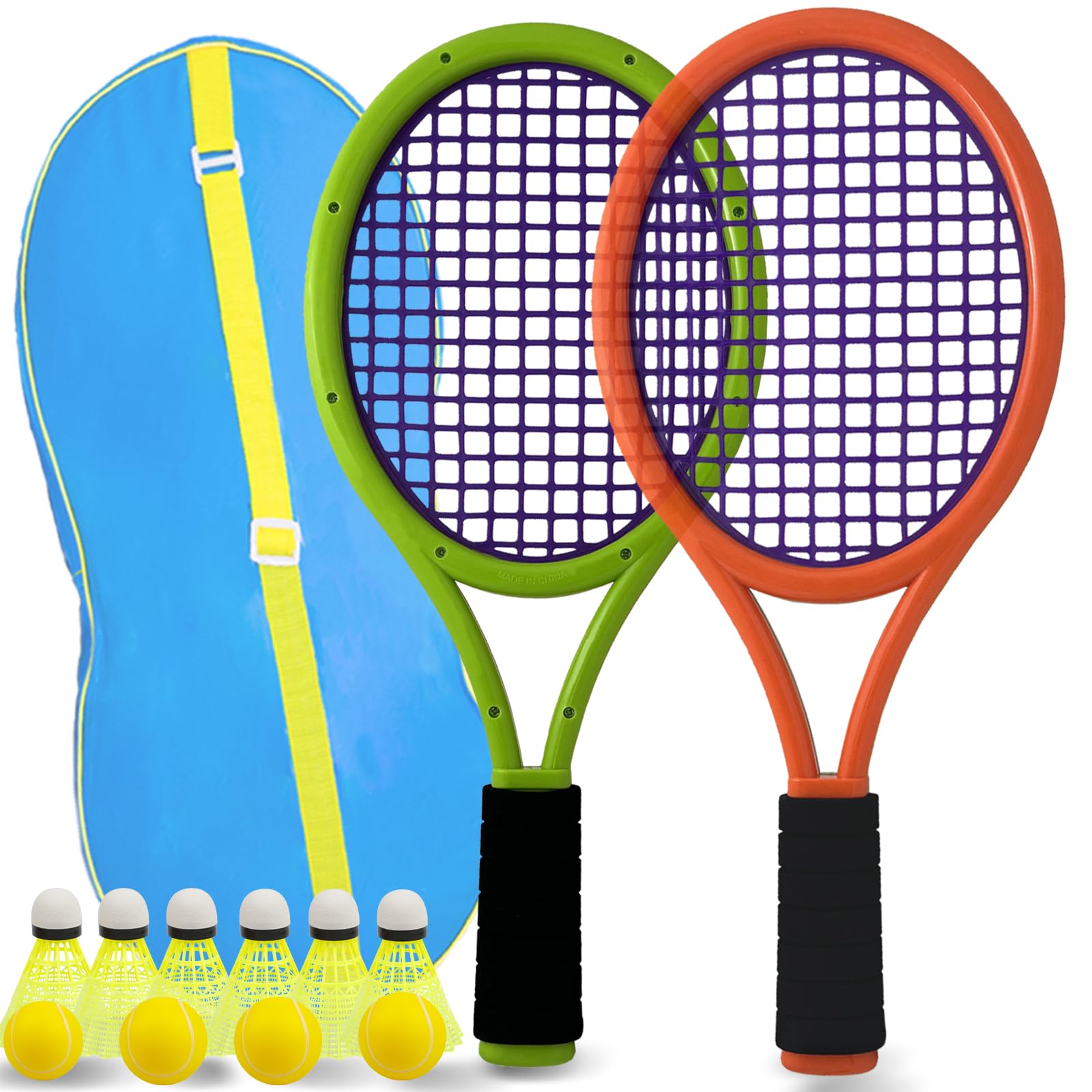JHuiLap Kids Tennis Racket Set With Carry Bag Includes 2 Safe Plastic Rackets (17 Inch), 4 Sponge Balls & 6 Shuttlecocks, Lightweight for Children Indoor/Outdoor Sports (Dark Orange & Green)