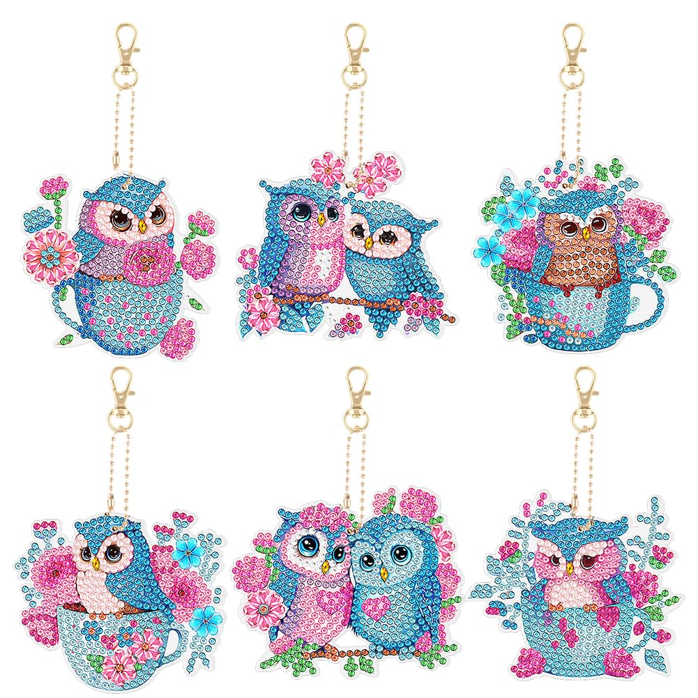 AUAUY 6 Pieces Owl Diamond Painting Keychains, 5D DIY Diamond Art Painting Keychain Christmas Double Sided Hanging Diamond Art Kits Diamond Christmas Ornaments for Kids Crafts Decor Key Ring DIY