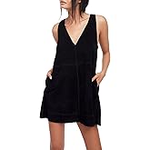 R.Vivimos Women's Fall Faux Suede Vintage V Neck Sleeveless Overall Dress with Pockets