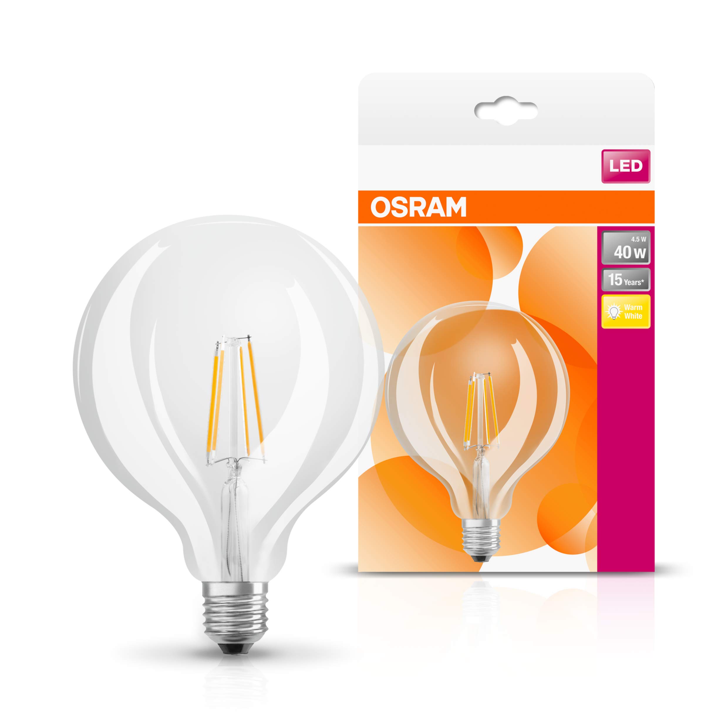 OSRAM LED Retrofit Classic Globe/LED lamp, Classic Ball Shape, Retro Design, in Filament Style, with Screw Base: E27, 4 W, 220…240 V, 40 W Replacement, Clear, Warm White, 2700 K, 4x1pack