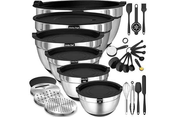 Umite Chef Mixing Bowls with Airtight Lids, 26Pcs Stainless Steel Bowls Set, 3 Grater Attachments & Black Non-Slip Bottoms Si