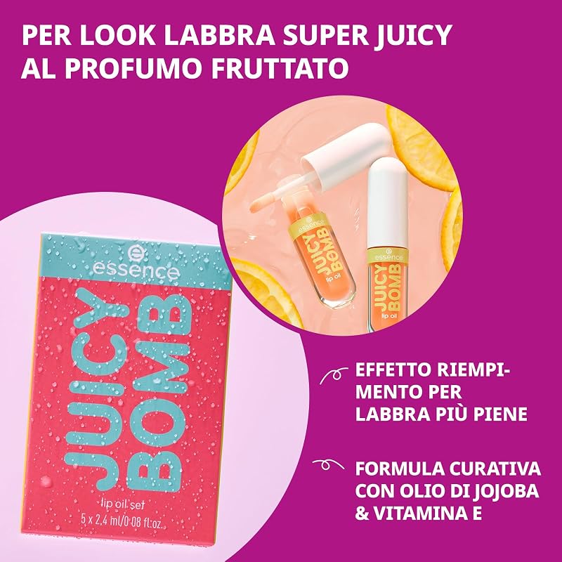 essence JUICY BOMB lip oil set 01 – Set di oli labbra nutrienti con profumo fruttato – Finish ultra brillante con vitamina E e olio di jojoba – Cosmetica vegana – 5 x 2,4 ml