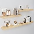 White Oak Floating Shelf for Wall Set of 3, 8 Inch Deep Wood Floating Shelves Wall Mounted, 2 Inch Thick Wall Shelves for Kitchen Living Room Bathroom Laundry Office, 50LBS Capacity (24 & 48 Inch)