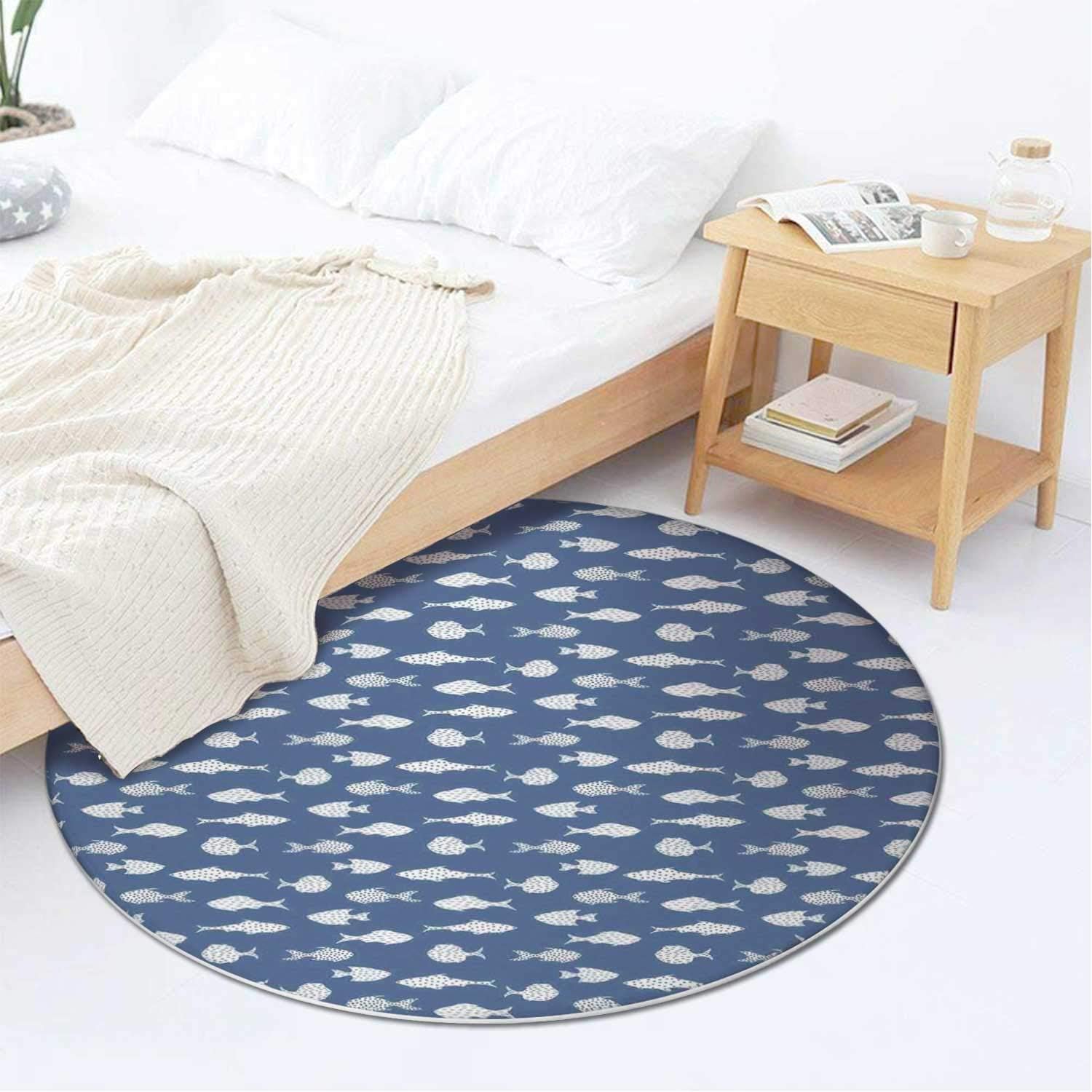 Fish,Green Rug,White Fish Silhouettes with Dots and Dashes Print on Blue Background Print,4 ft