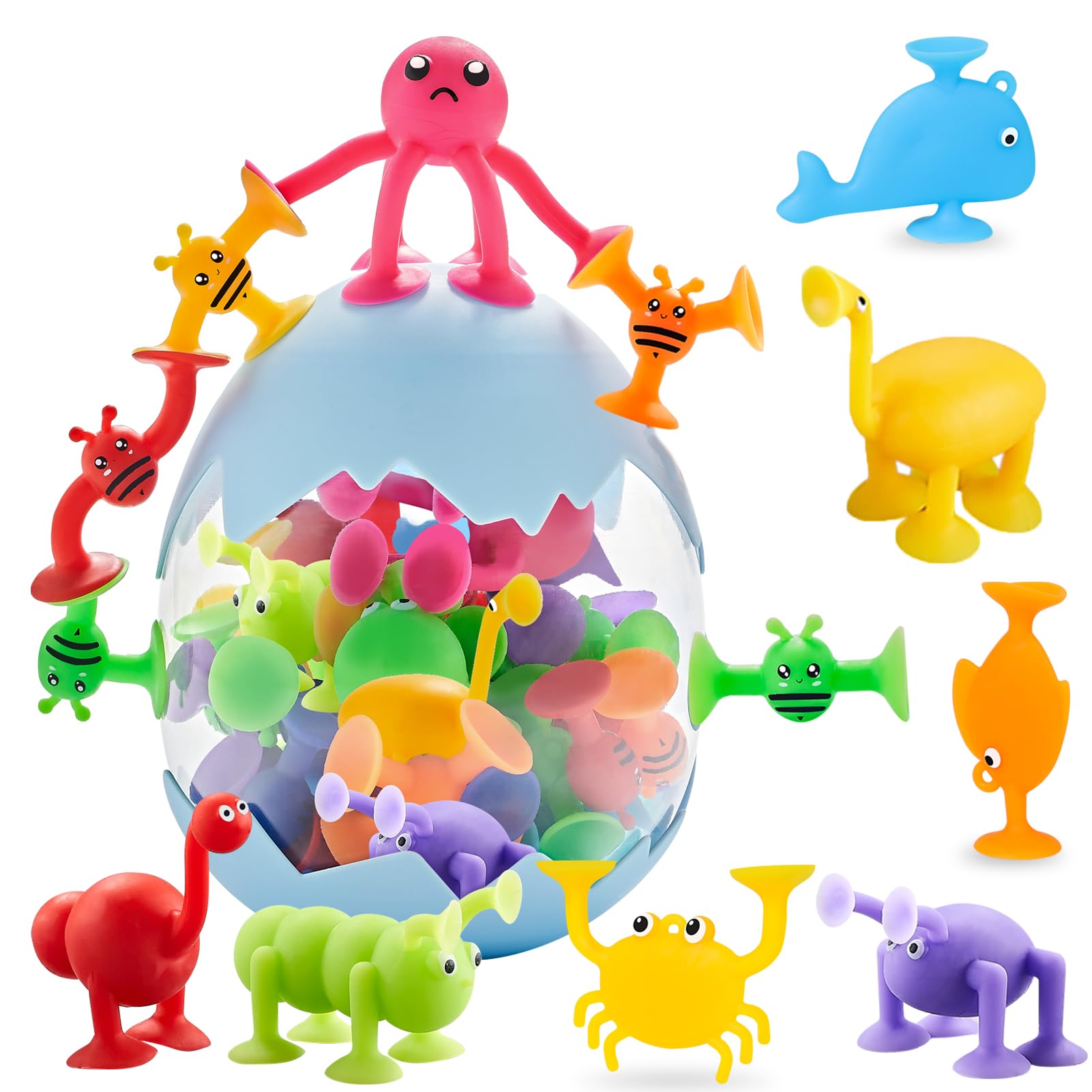 Suction Toys, 40Pcs Kids Building Toys Sensory Sucker Toy, Baby Animal Shape Stress Release Travel Window Toy, Toddler Gift with Storage Eggshell for 3 4 5 Years Old Boys Girls