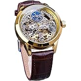 FORSINING Men's Skeleton Moon Phase Watch Mechanical Self-Wind Tourbillon Dual Time Zone Watches Automatic Luxury Leather Strap Large Dial Wristwatch