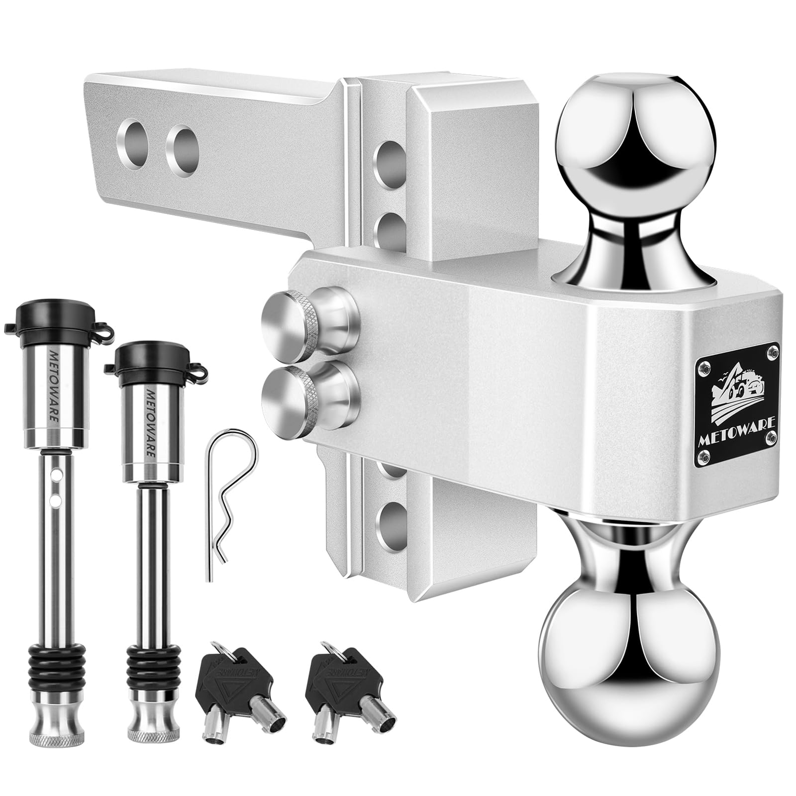 Photo 1 of METOWARE Adjustable Trailer Hitch - Aluminum Tow Hitch Fits 2-Inch Receiver - Heavy Duty Drop Hitch with 4-Inch Drop/Rise for Truck (14,000 LBS GTW), Double Stainless Steel Locks & Hitch Pin