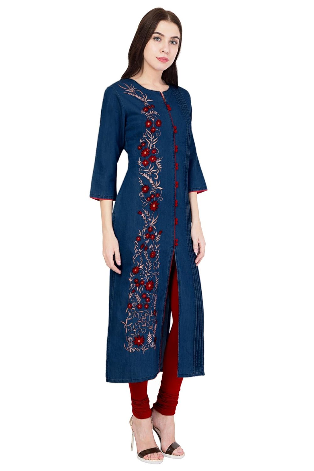 pinky pari women's denim front slit embroidered kurti