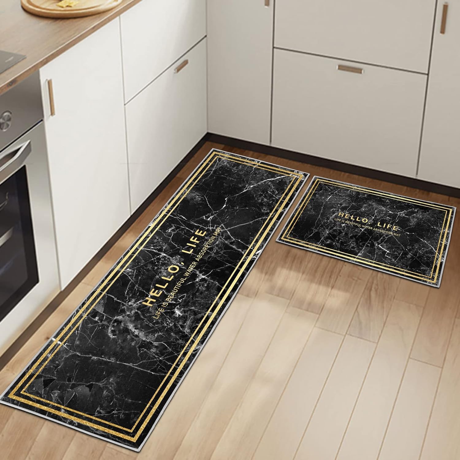 HSGLGNA Kitchen Rugs Runner Set of 2 Anti Fatigue Kitchen Floor Mat for Home Decoration Office Waterproof Non Slip Kitchen Rug Set Comfort Standing Mats (Black Marble, 40 x 120 cm (Rectangular)) — image 1