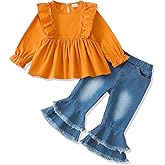 Mikrdoo Baby Toddler Girl Clothes Long Sleeve Ruffle Shirts Top Denim Bell Bottom Outfits Fall Winter Kids Clothing Sets