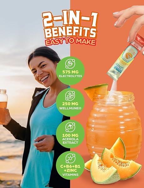 KLASS VIDA HYDRATION + IMMUNITY ELECTROLYTE DRINK MIX – CANTALOUPE AGUA FRESCA FLAVOR | SUGAR-FREE POWDER WITH WELLMUNE®, ACEROLA, COCONUT WATER & MINERALS | 15 SINGLE-SERVE STICK PACKS, LOW CALORIE