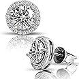 QUEENOU Moissanite Stud Earrings, VVSI Quality D Color Round Cut, Lab Created 925 Sterling Silver with 18K White Gold Plated, Double Halo Design – Idea Gift for Women Men