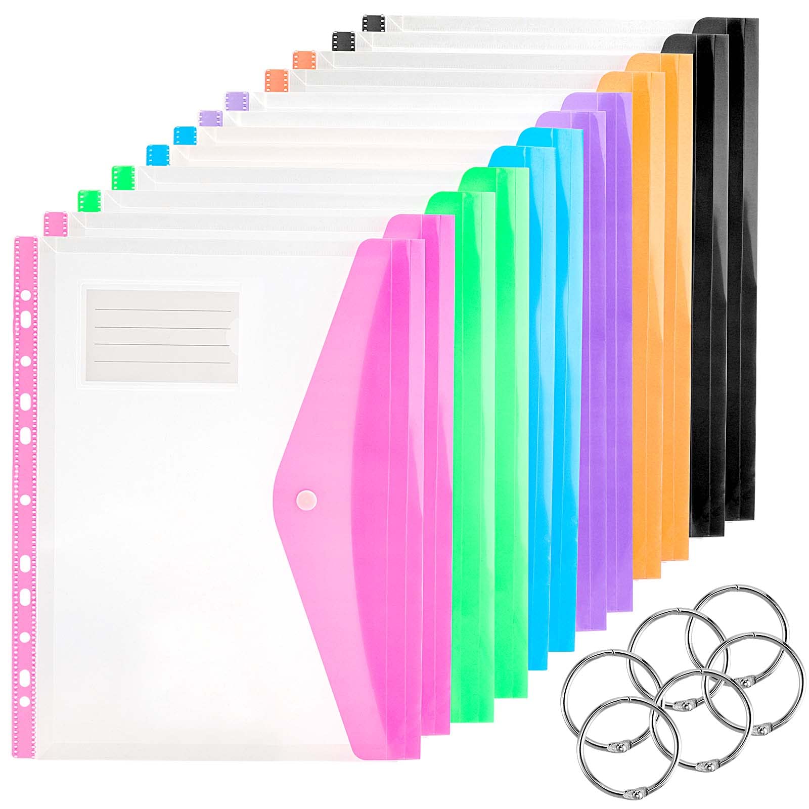 PINGEUI 24 Pack Plastic Binder Wallets, A4 Punch Pocket with Metal Ring and Label Pocket, Hole Punched Plastic Wallets for Office and Business, 6 Colors