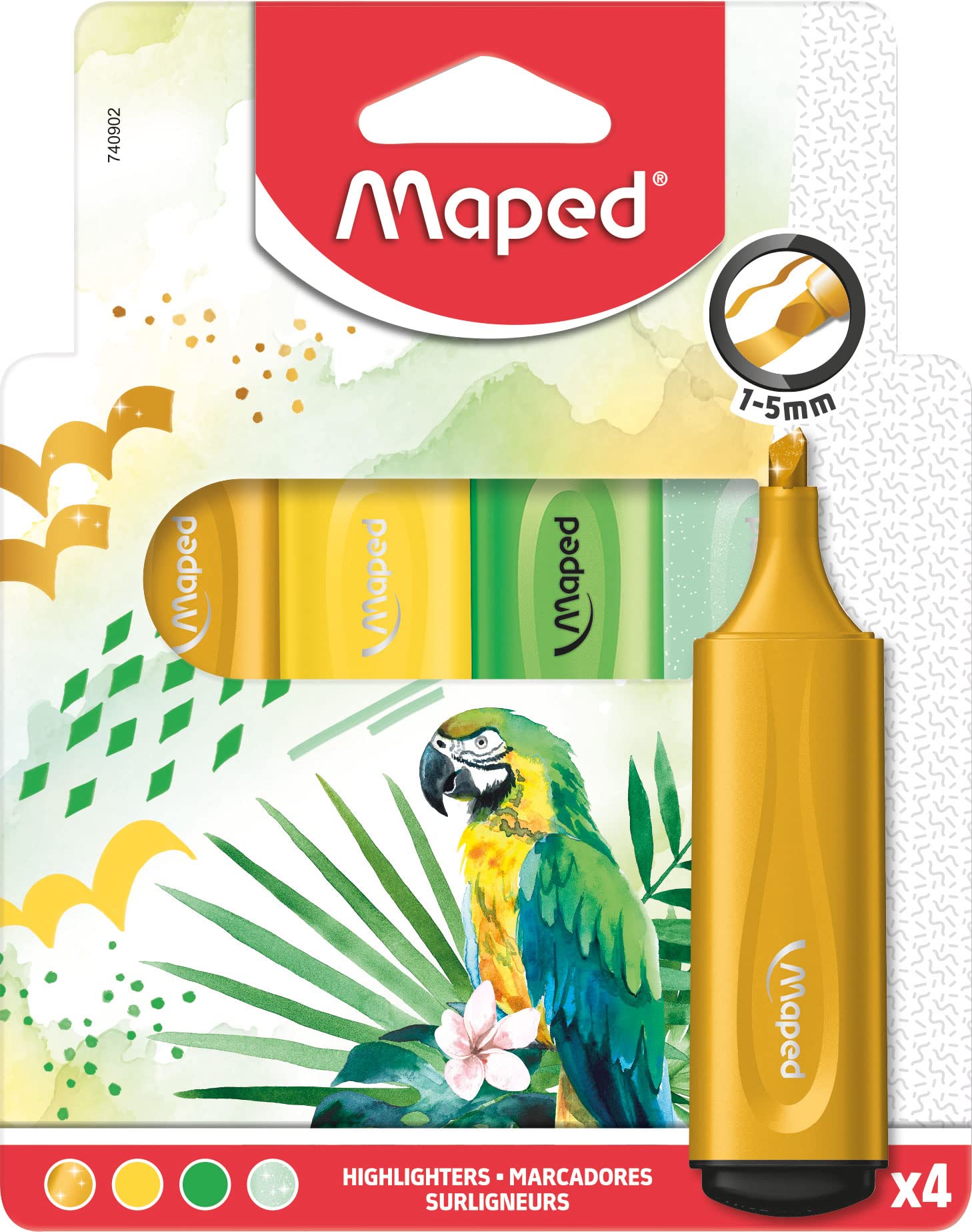 Maped - Extra-soft, flexible highlighters x4 - perfect marking result, even on uneven surfaces - clip on the cap - 3 different themes: Ocean, Tropical, Sunset