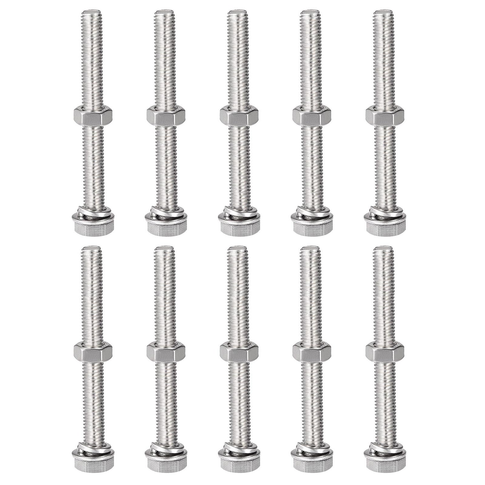 TOP-VIGOR 10Pcs M8 x 70mm Hex Head Screws Bolts, Nuts, Flat & Lock Washers Kits, 304 Stainless Steel Fully Thread Hexagon Bolts for DIY Bike Motorcycles Repair