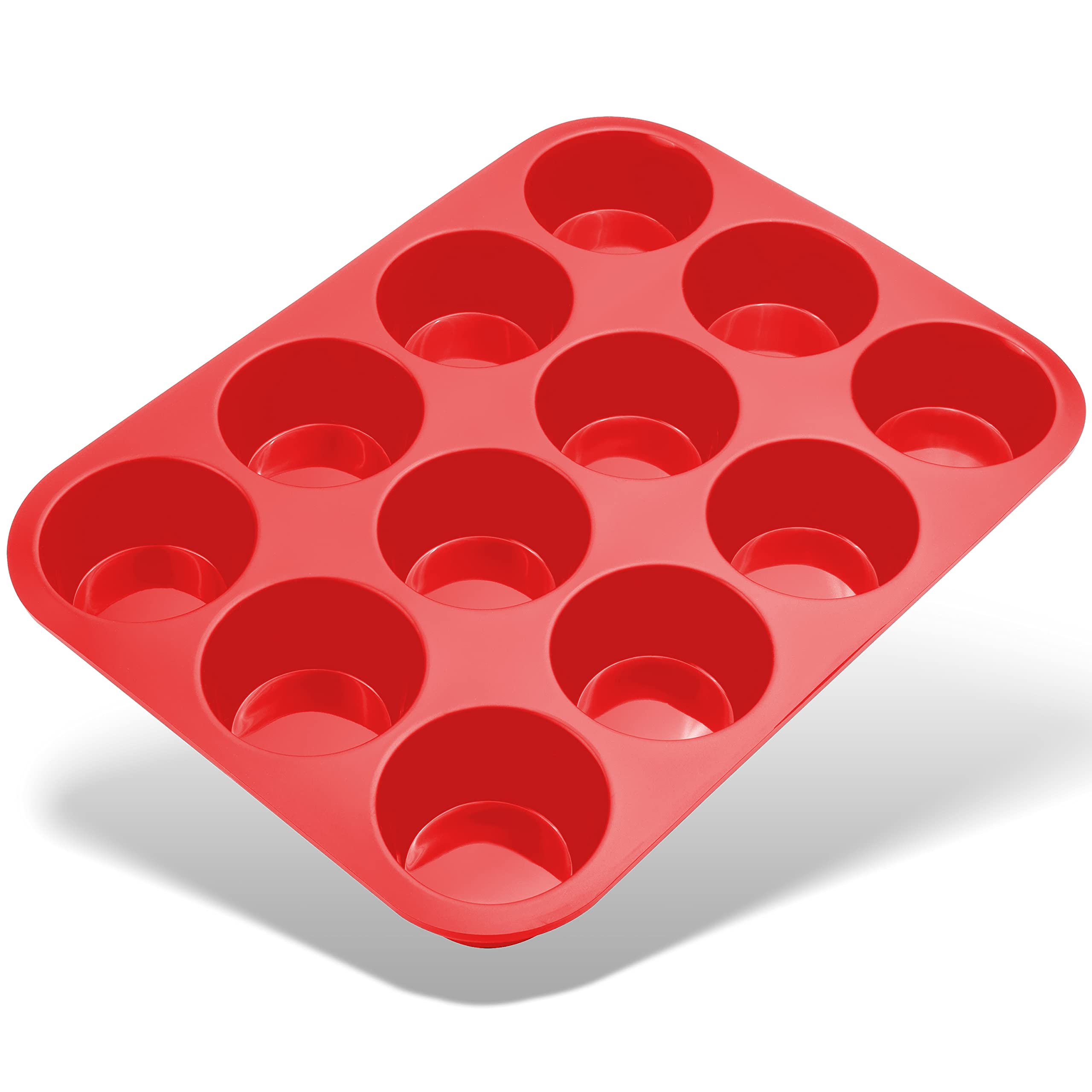 Belmalia Muffin Tray Silicone, 12 Holes, 33 x 25 x 3 cm, Non-Stick Coating, Cupcake Muffins Tin Red