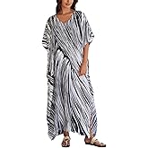 IMAGEKOPE Women's Plus Size Loose Fit Moroccan Print V-Neck Batwing Kaftan Beach Dress Bathing Suit Cover Up