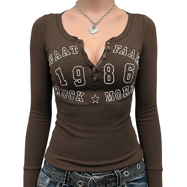 Women's Y2k Long Sleeve Crop Top Graphic Print Boat Neck T-Shirts