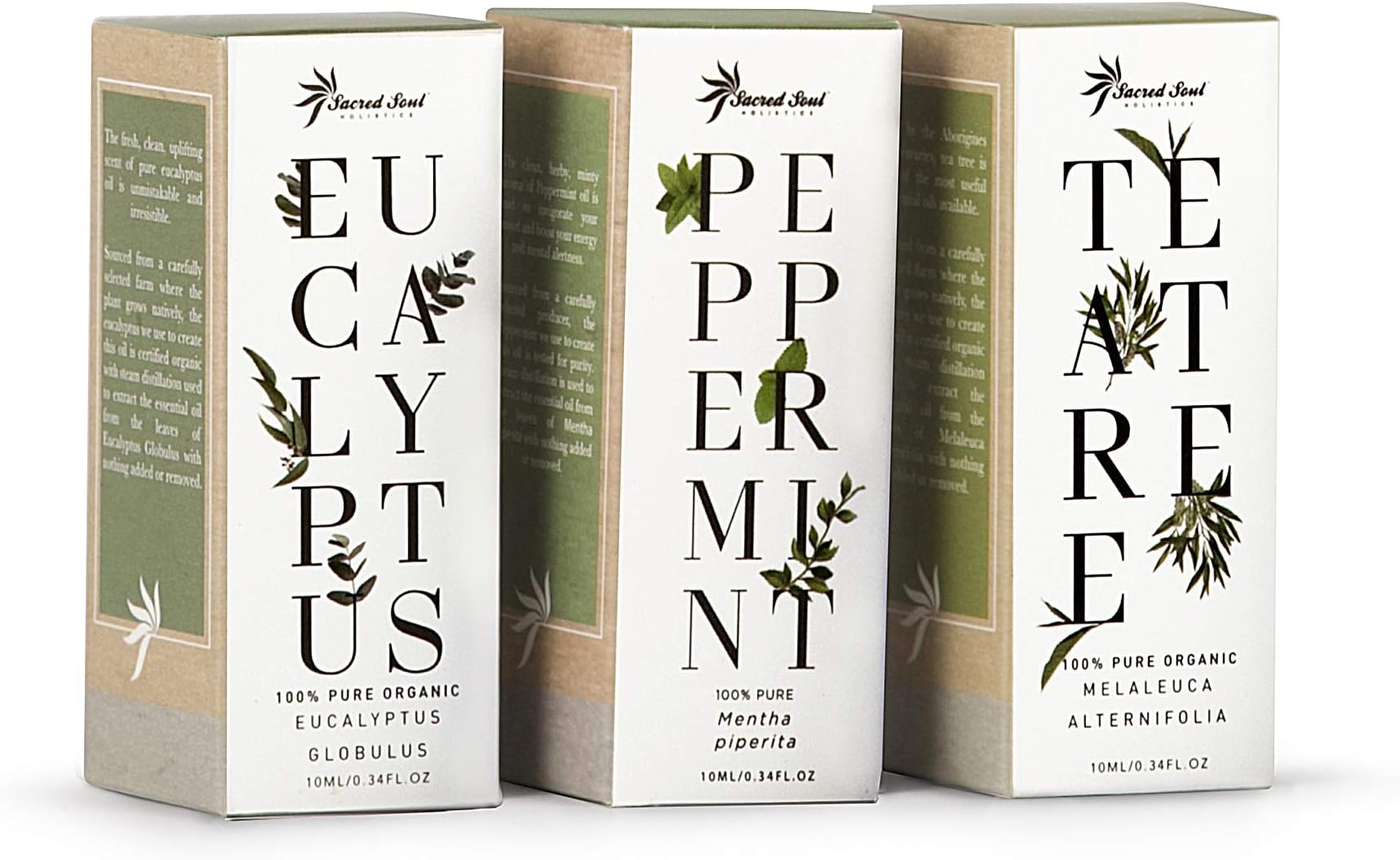 Sacred Soul 100% Pure Therapeutic Essential Oil Set - 3 x 10ml - Tea Tree, Eucalyptus & Peppermint - Perfect For Aromatherapy