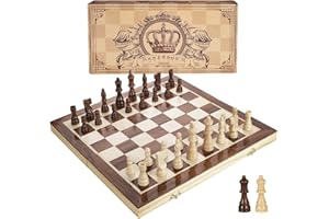AMEROUS 15 Inches Magnetic Wooden Chess Set - 2 Extra Queens - Folding Board - Pieces Storage Slots, Handmade Portable Travel Chess Game - Beginner Chess Set for Kids, 6 up Age