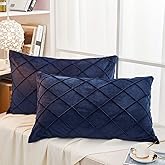 JAUXIO Diamond Pinch Pleated Crystal Velvet Pillowcases 2 Pack Solid Pintuck Throw Cushion Cover for Home Decor Hidden Zipper Closure (Navy, King)