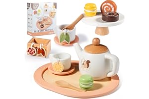 OMYBaby Wooden Tea Set for Little Girls, 19pcs Party Playset With Teapot, Cups, Dessert Stand, Macaroons, Cakes & Tray, Time Playset Pretend Play Kitchen Toys Gift for Girls & Toddlers 3Y+