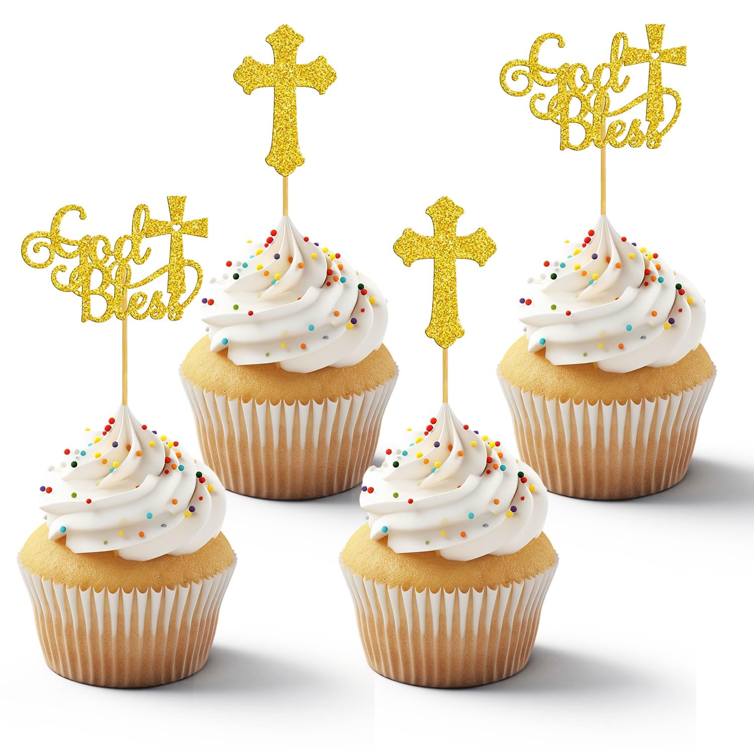 Photo 1 of KAZIPA 24Pcs God Bless and Baptism Cupcake Toppers Glitter Cross God Bless Cupcake Picks for Christian First Communion Baptism Party Cake Decorations Supplies (Gold)
