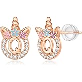 925 Sterling Silver Unicorn Earrings, 14K Gold/Rose Gold/Silver/Unicorn Earrings for Girls Kids Toddler Little Girls Hypoallergenic Letter Initial Earrings for Girls Christmas Gifts