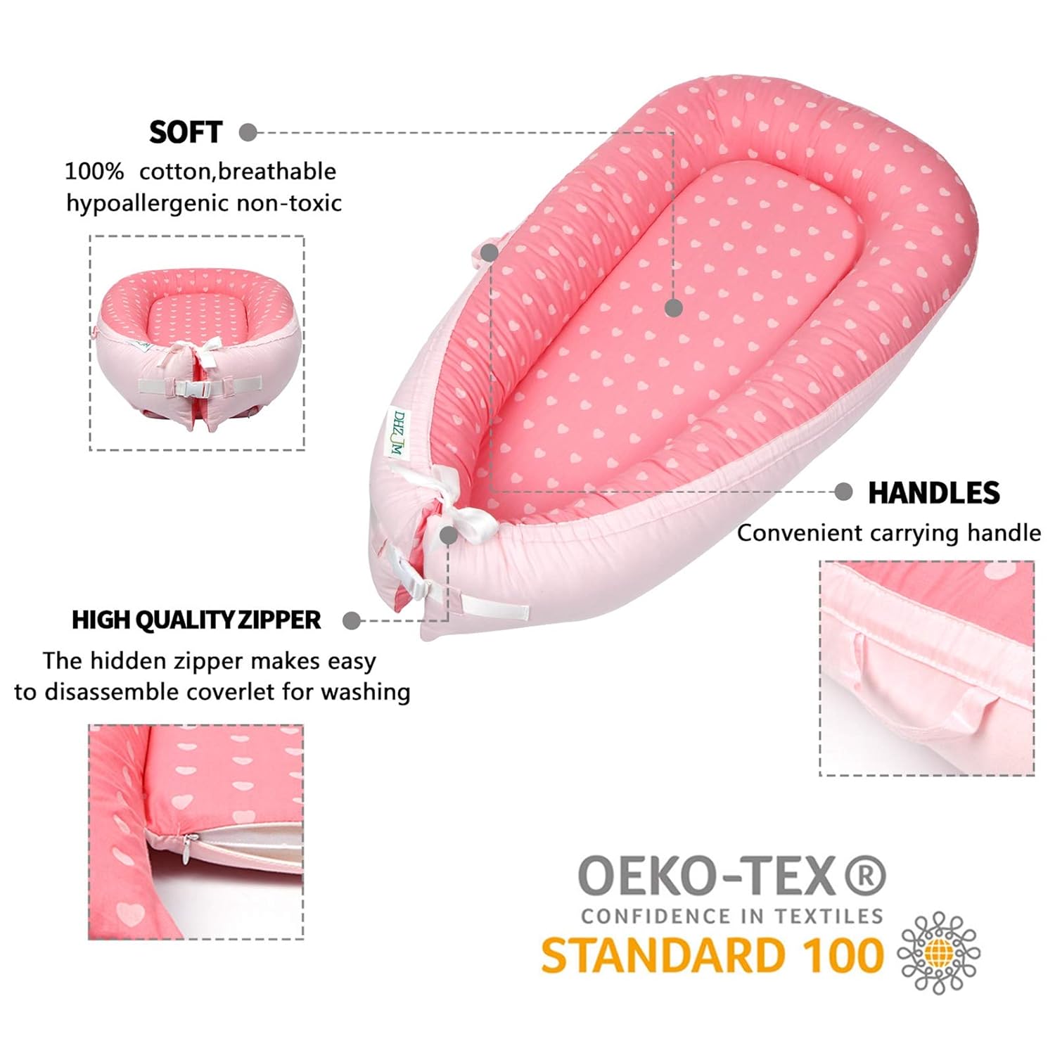 Baby Lounger Baby Nest Baby Bassinet for Bed Newborn Lounger Portable Cribs -100% Organic Cotton Baby Portable Crib Perfect for Travel with Extra Soft Cotton Pad Perfect for Co Sleeping (Pink) : Baby