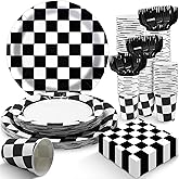 EggSun Race Car Plates and Napkins Party Supplies, Black and White Disposable Tableware Set, Checkeblack Plaid Paper Plates for Birthday Family Dinner Picnic Barbecue Baby Shower Decor Serves 25