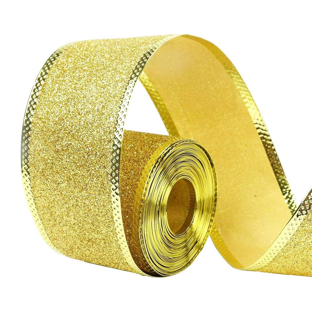 33Ft/10Meters Golden Glitter Christmas Ribbon Wreath Present Wedding Arts Crafts Gift Wrapping