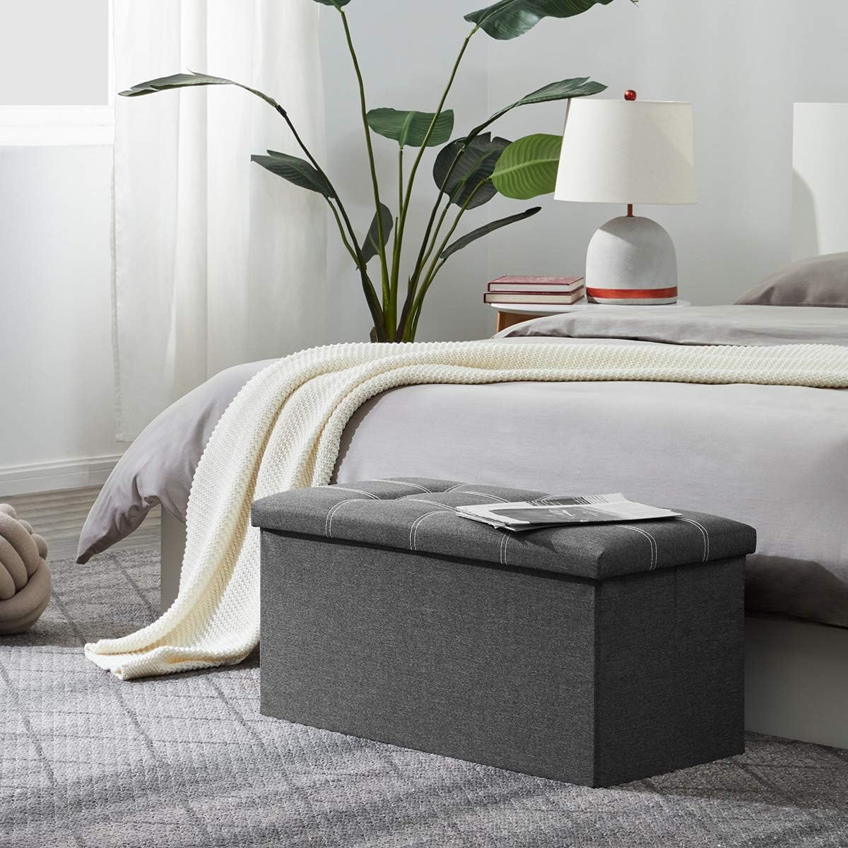 YOUDENOVA 30 inches Storage Ottoman Bench, Foldable Footrest Shoe Bench with 80L Storage Space, End of Bed Storage Seat, Support 350lbs, Linen Fabric Grey: Kitchen & Dining