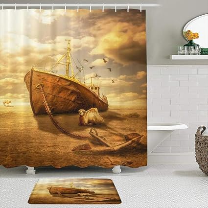 KISSENSU Badezimmer-Vorhang-Set,Retro Boot Marine Nautical Theme Großes