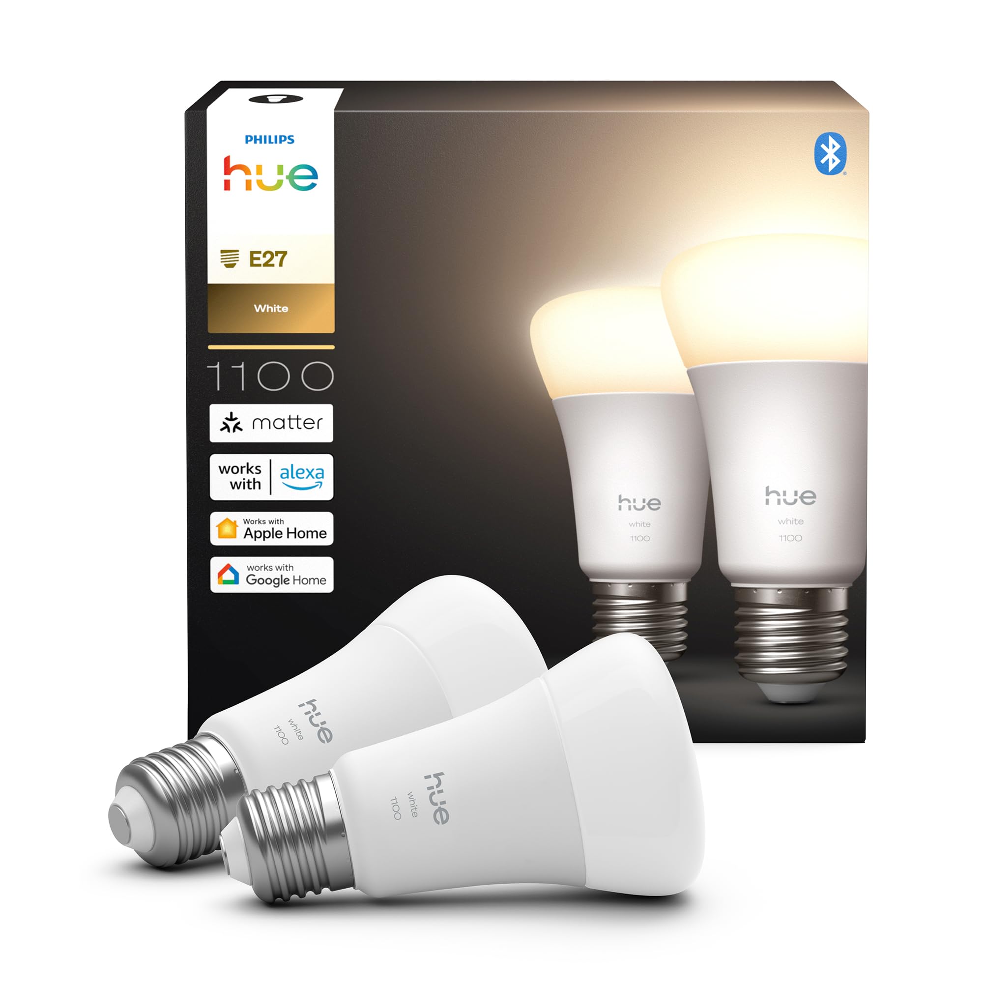 Philips Hue Smart LED A60 Lampe, warmes Weißlicht 2700K, LED Leuchtmittel mit E27 Fassung, 9,5W, 1100 Lumen, dimmbar, smartes Licht kompatibel mit Alexa, Google Assistant und Apple Home, 2er Pack
