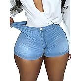 BEAUDRM Women's High Waist Denim Shorts Straight Leg Roll Up Hem Button Jean Short Denim Stretchy Skinny Shorts
