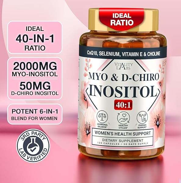 MYO-INOSITOL & D-CHIRO INOSITOL SUPPLEMENT FOR WOMEN – IDEAL 40:1 RATIO COMPLEX FOR FERTILITY, HORMONAL BALANCE, MENSTRUAL CYCLE & OVARIAN HEALTH SUPPORT WITH COQ10, CHOLINE & SELENIUM – 120 CAPSULES