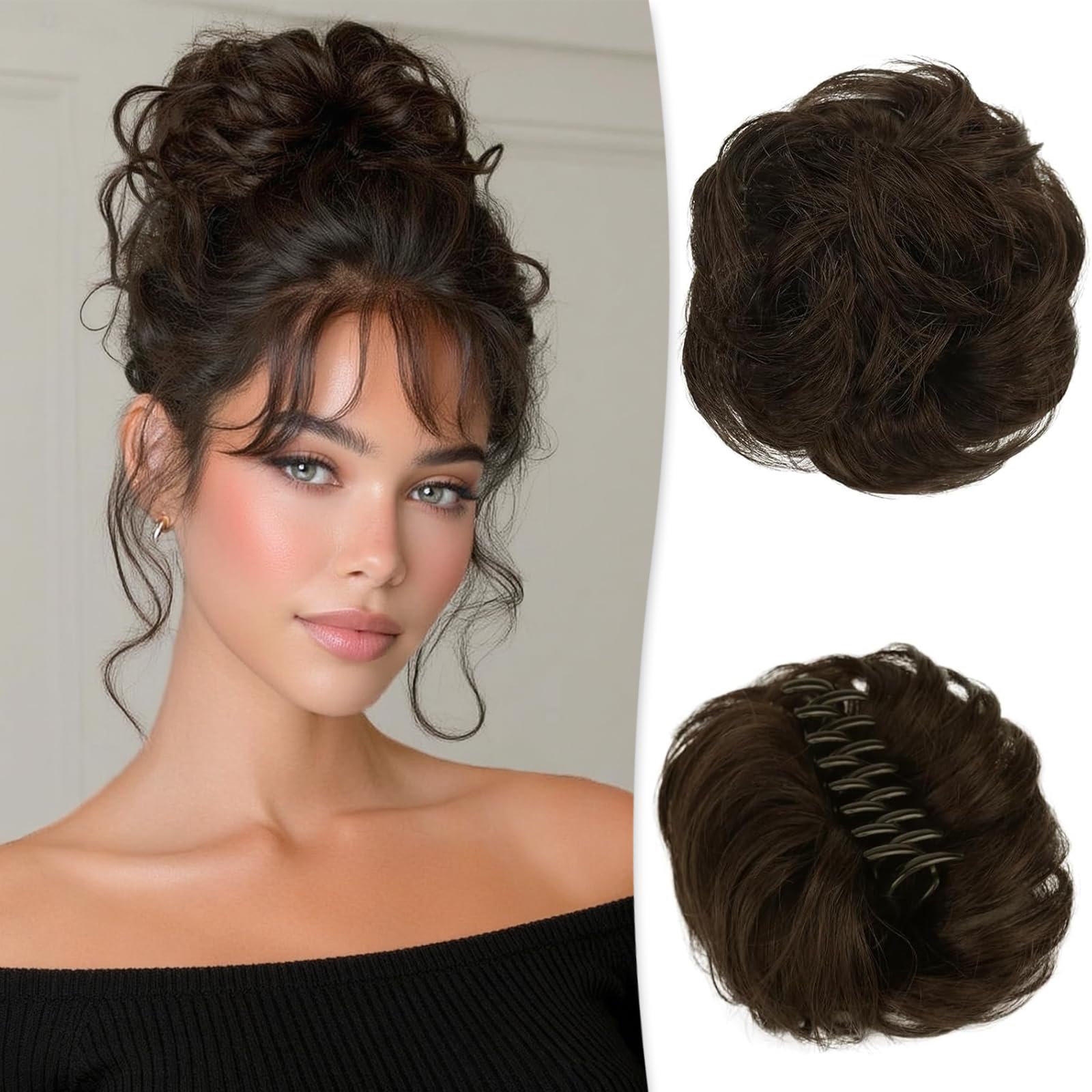 RUWISS Claw Clips in Messy Bun Hair Piece 100% Human Hair Buns Wavy Curly Chignon Hair Bun Extension Tousled Updo Hair Bun Real Human Hair Scrunchie with Clip for Women (Natural Brown)