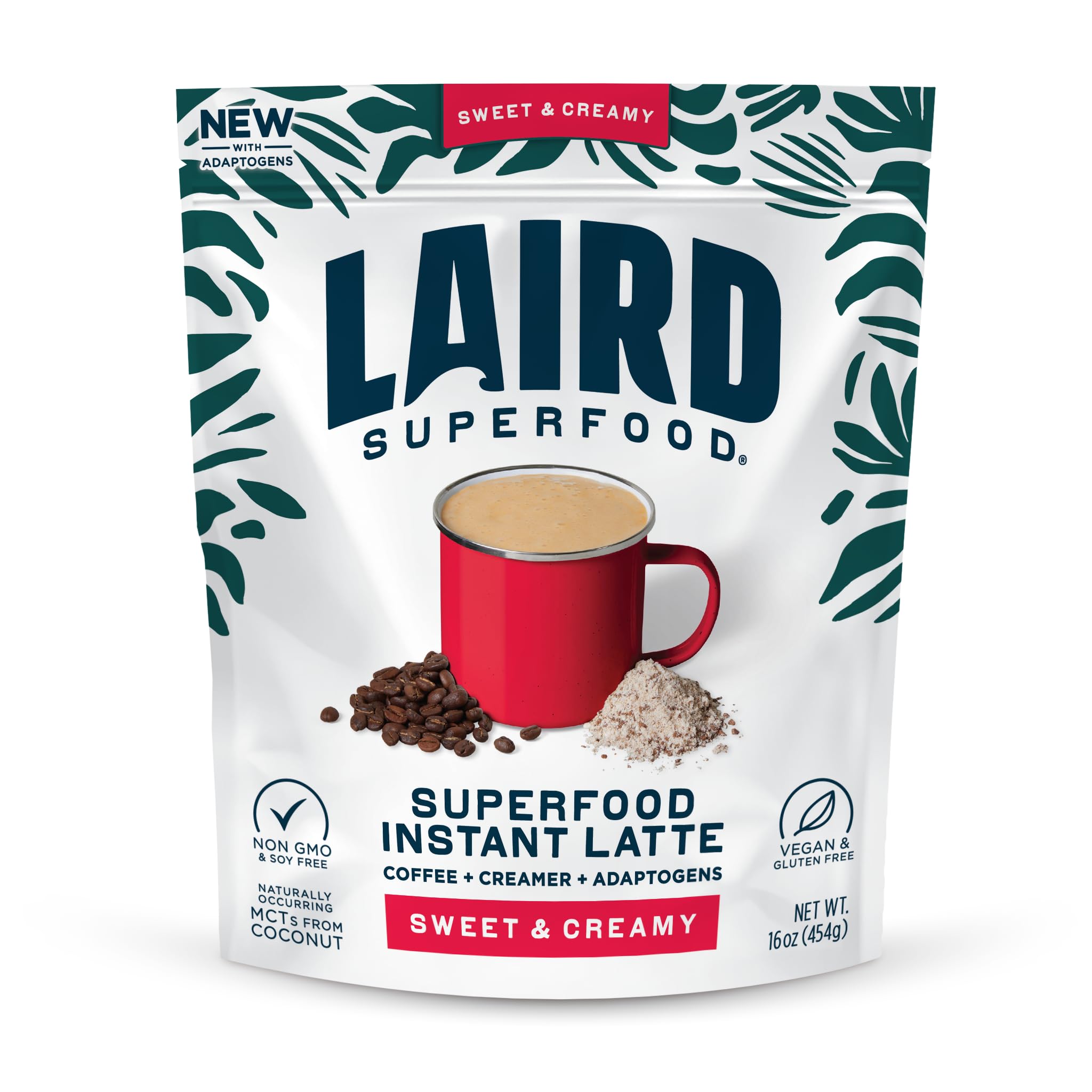 Laird Superfood Instant Latte Sweet & Creamy, Non-Dairy, Superfood Creamer, Gluten Free, Non-GMO, Vegan, 16 oz. Bag, Pack of 1