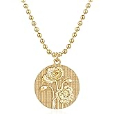 MEVECCO Gold Birth Flower Coin Necklace for Women 12 Month Flower Pendent 18K Gold Plated with Beaded Chain Personalized Embossed Floral Disc Necklace Birthday Gifts